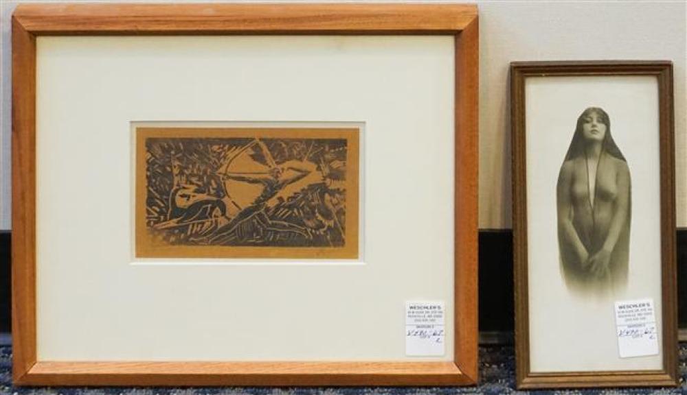 ARCHER, FRAMED WOODCUT AND A PRINT