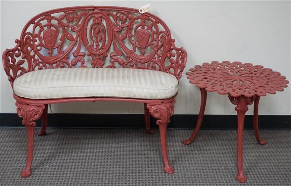 RED CAST IRON SIDE TABLE AND LOVESEAT