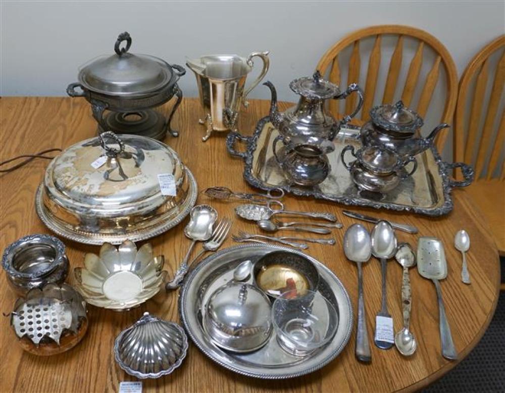 SILVER PLATE TRAY, TEA SET, AND