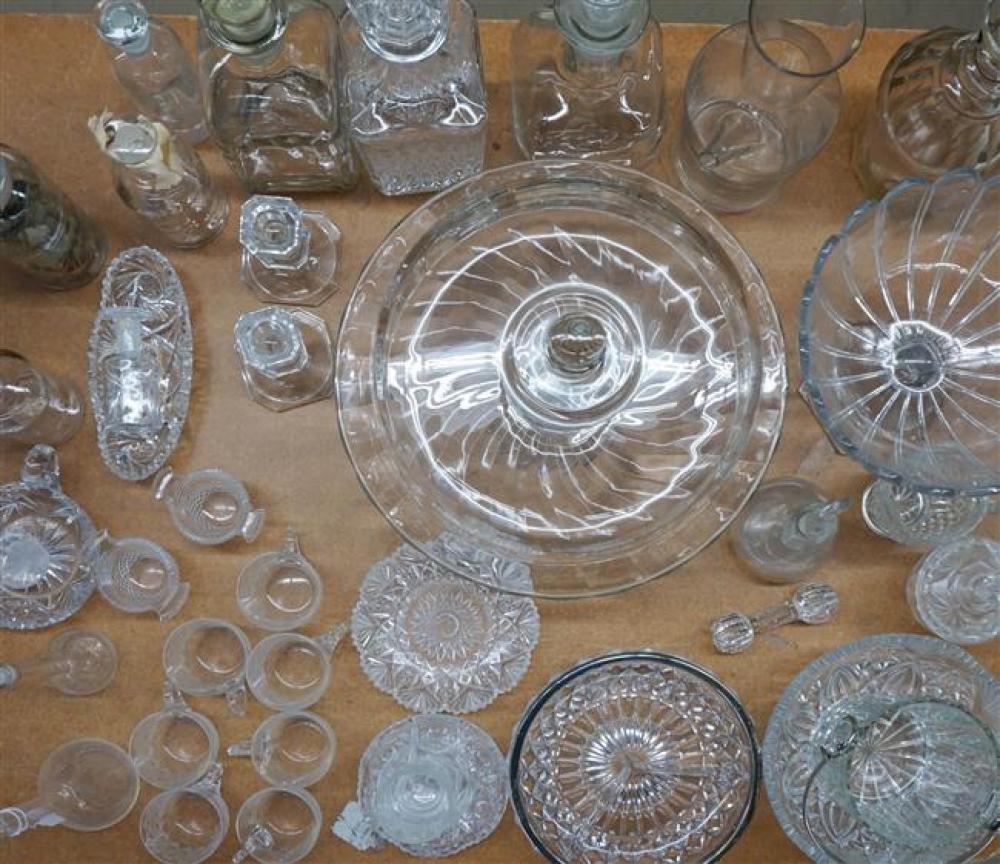 GROUP WITH ASSORTED GLASS DECANTERS,