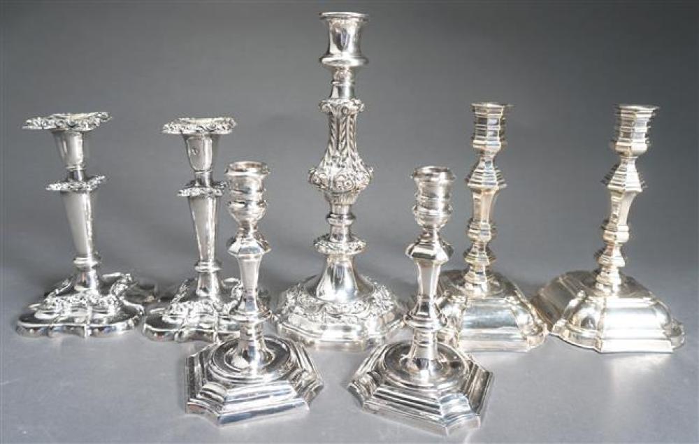 THREE PAIRS OF SILVER PLATE CANDLESTICKS