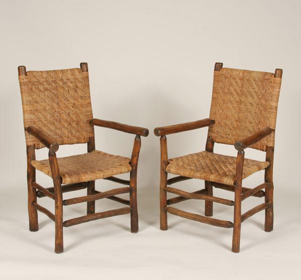 Pair hickory arm chairs with woven