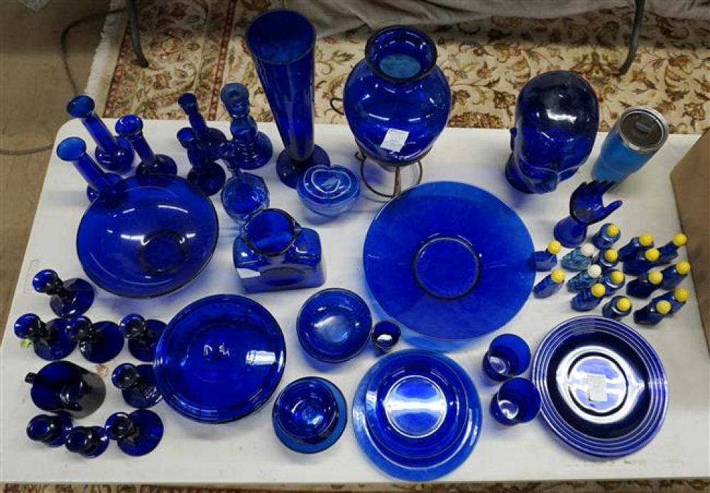 COLLECTION OF COBALT GLASS TABLE