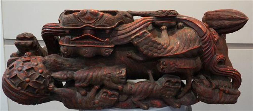CHINESE RED STAINED WOOD SCULPTURE