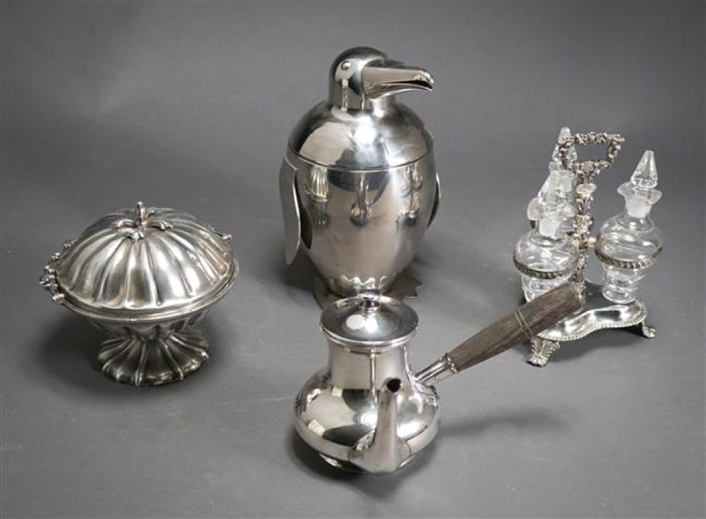 SILVER PLATE PENGUIN ICE BUCKET, CRUET