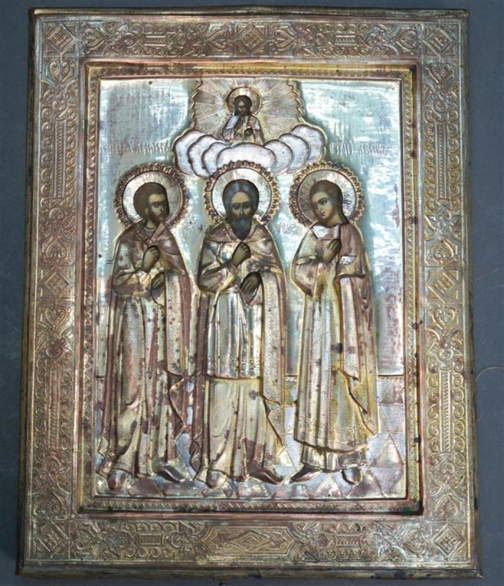 RUSSIAN SILVER PLATE ICON OF THREE SAINTS,