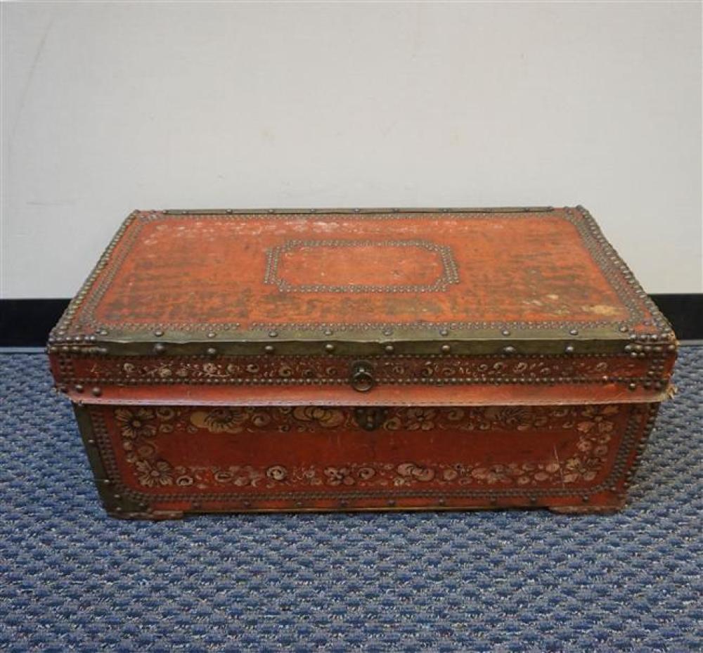 CHINESE PAINTED RED LEATHER AND