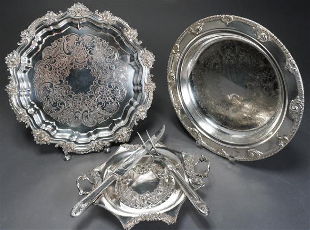 THREE SILVER PLATE SERVING TRAYS 322fcd