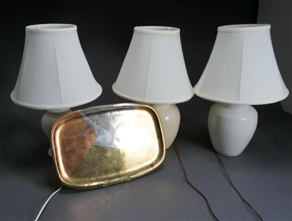 THREE MODERN IVORY GLAZED TABLE LAMPS