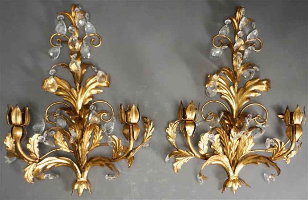 PAIR GILT METAL AND CUT GLASS TWO-LIGHT