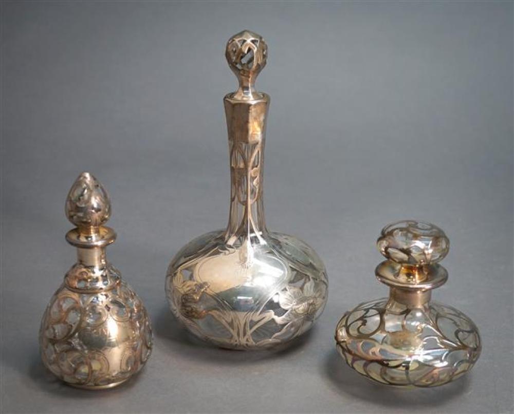 THREE SILVER OVERLAY CLEAR GLASS PERFUMES,