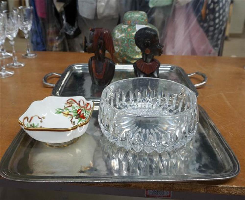 TWO PEWTER TRAYS, TWO AFRICAN WOOD