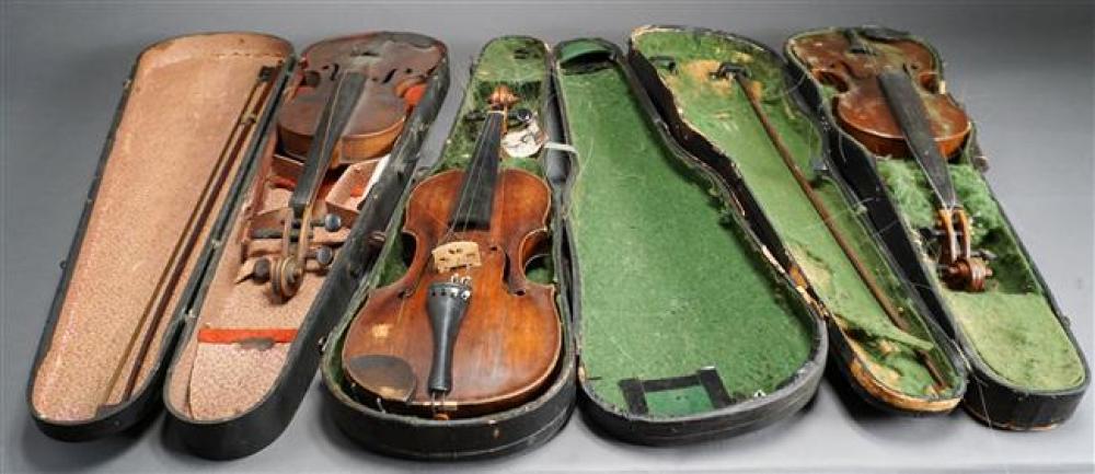 THREE VIOLINS WITH TWO BOWS (EACH ENCASED)Three