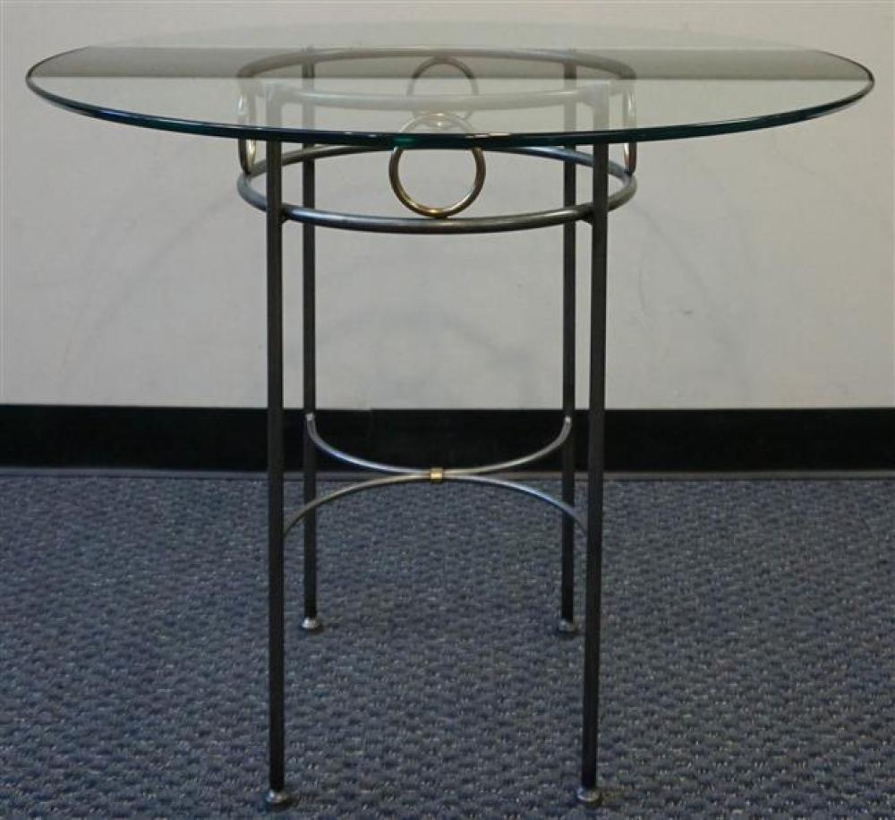 MODERN BRASS MOUNTED STEEL ROUND GLASS-TOP