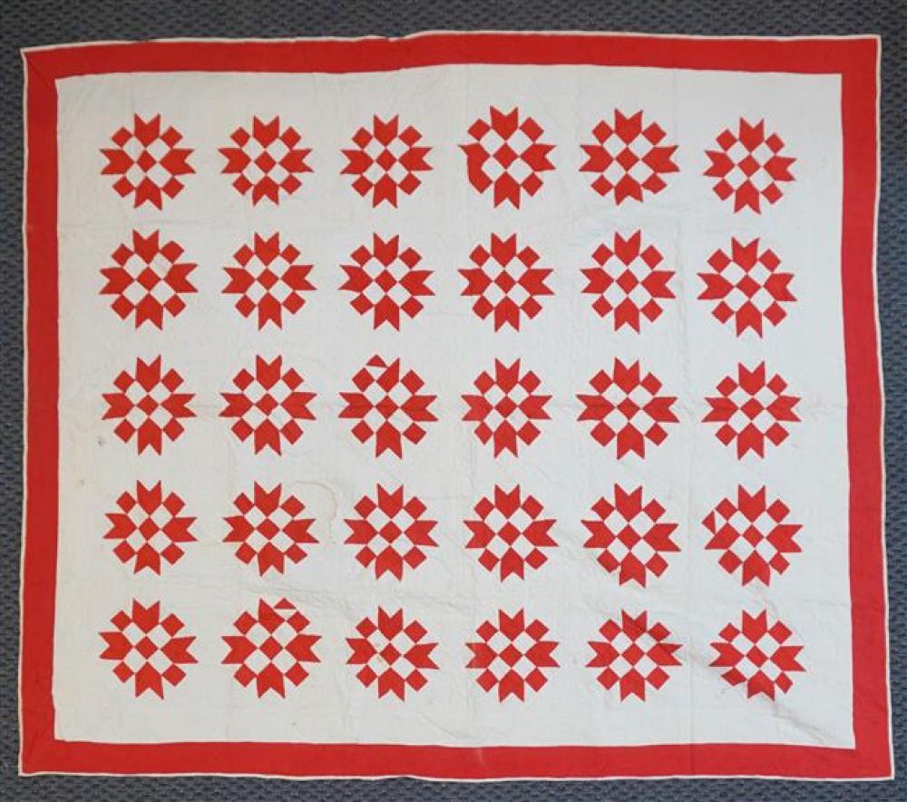 RED AND WHITE COTTON APPLIQUE QUILT,