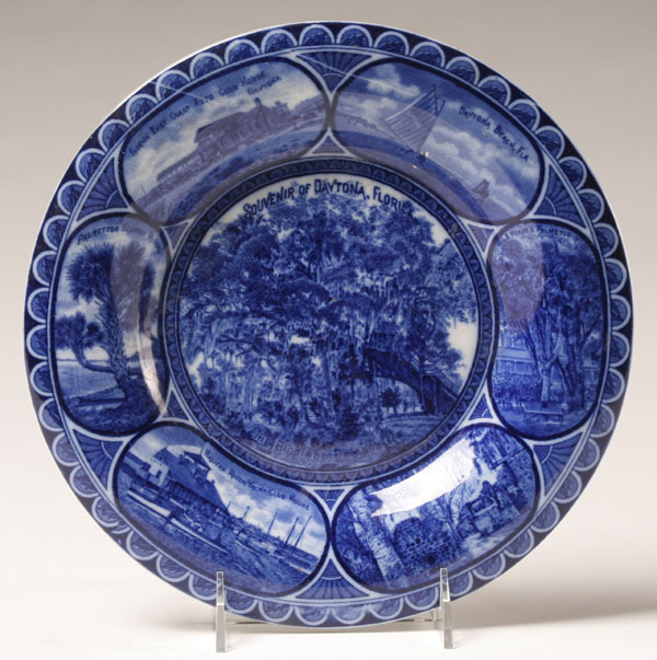 Flow blue souvenir plate; cobalt