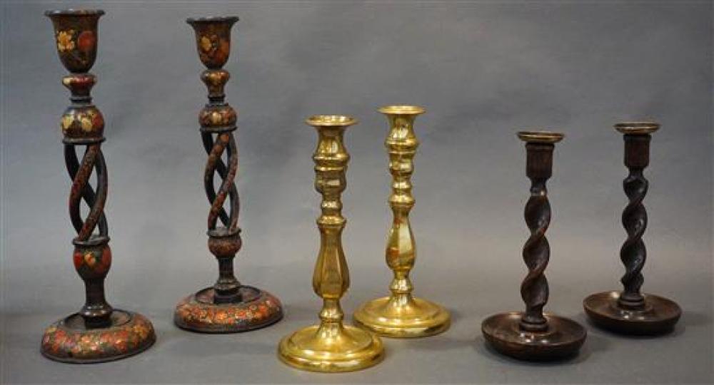 THREE PAIRS WOOD, LACQUER AND BRASS