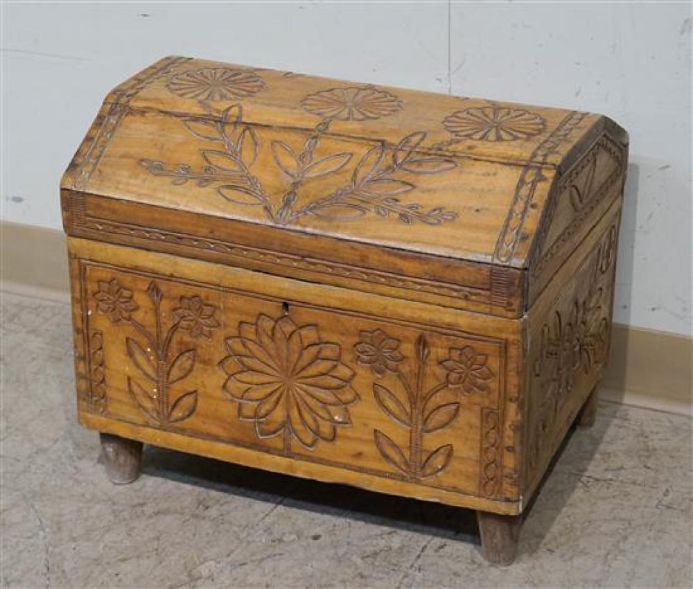 CARVED FRUITWOOD DOME TOP CHEST,