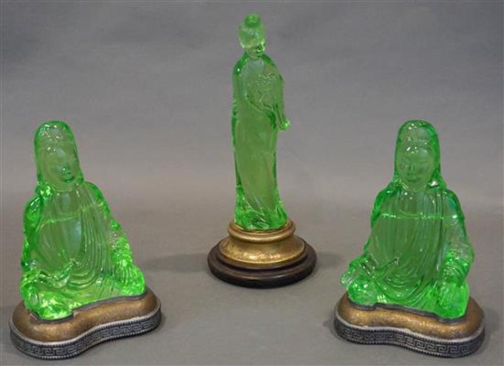 THREE CHINESE GREEN GLASS FIGURES