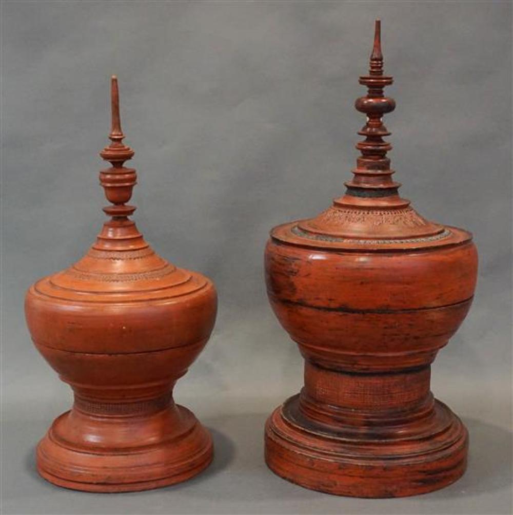 TWO THAI RED LACQUER STUPA COVERED