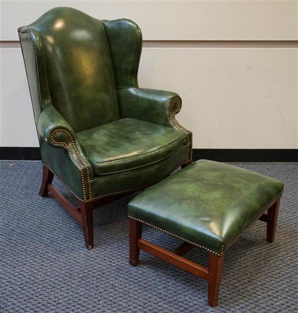 CHIPPENDALE STYLE GREEN LEATHER UPHOLSTERED