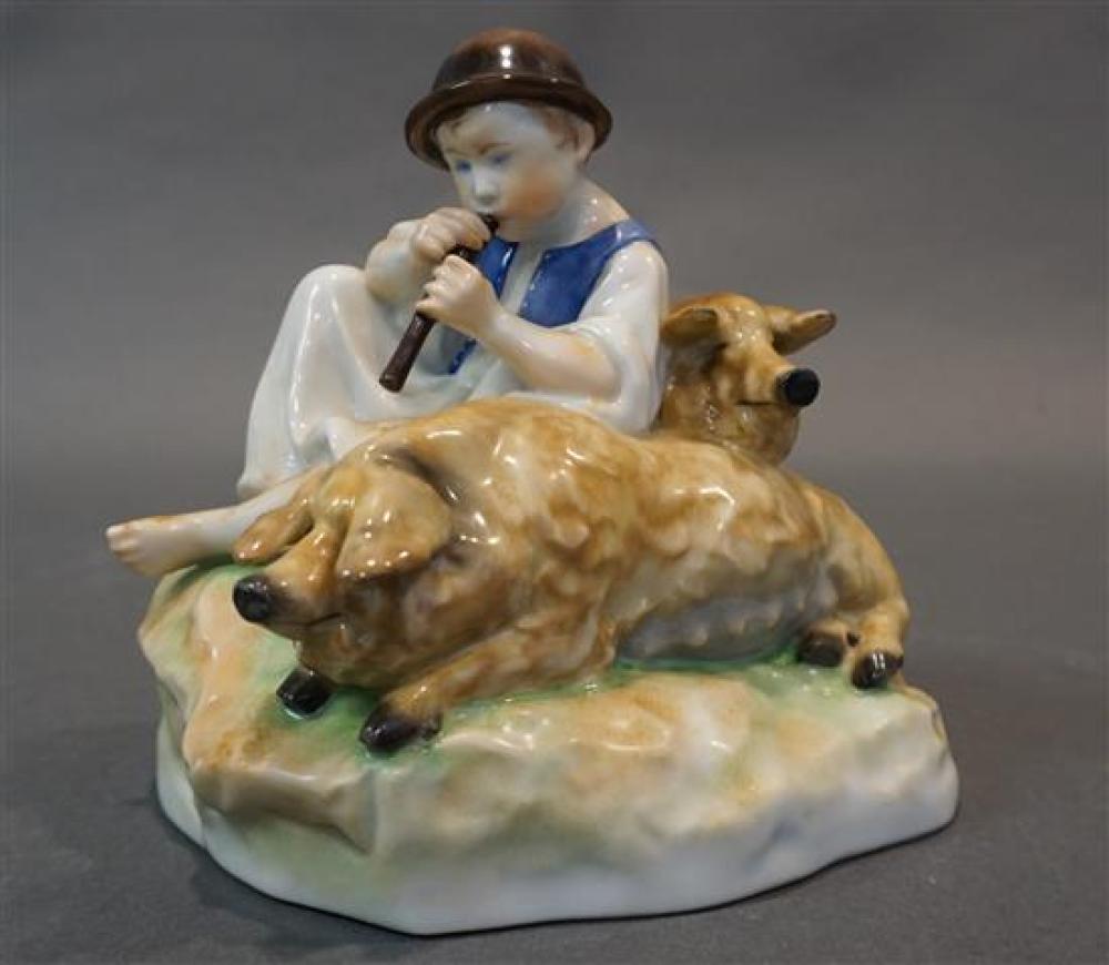 HEREND FIGURE OF BOY WITH TWO PIGSHerend