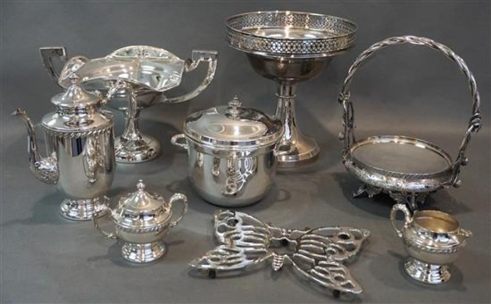 TWO SILVER PLATE COMPOTES, A HOUSING,