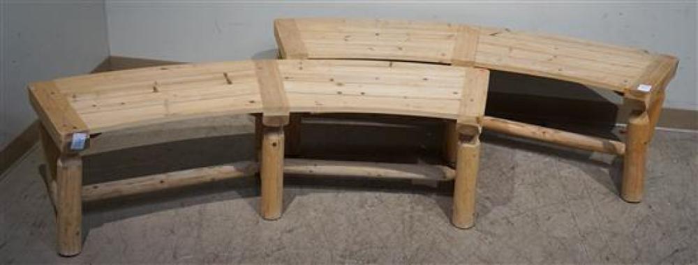 PAIR OF PINE CRESCENT-SHAPE BENCHES,