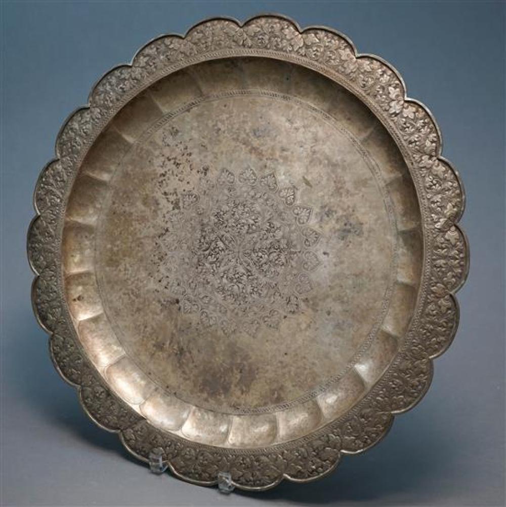 INDIAN SILVERED METAL ROUND TRAY,