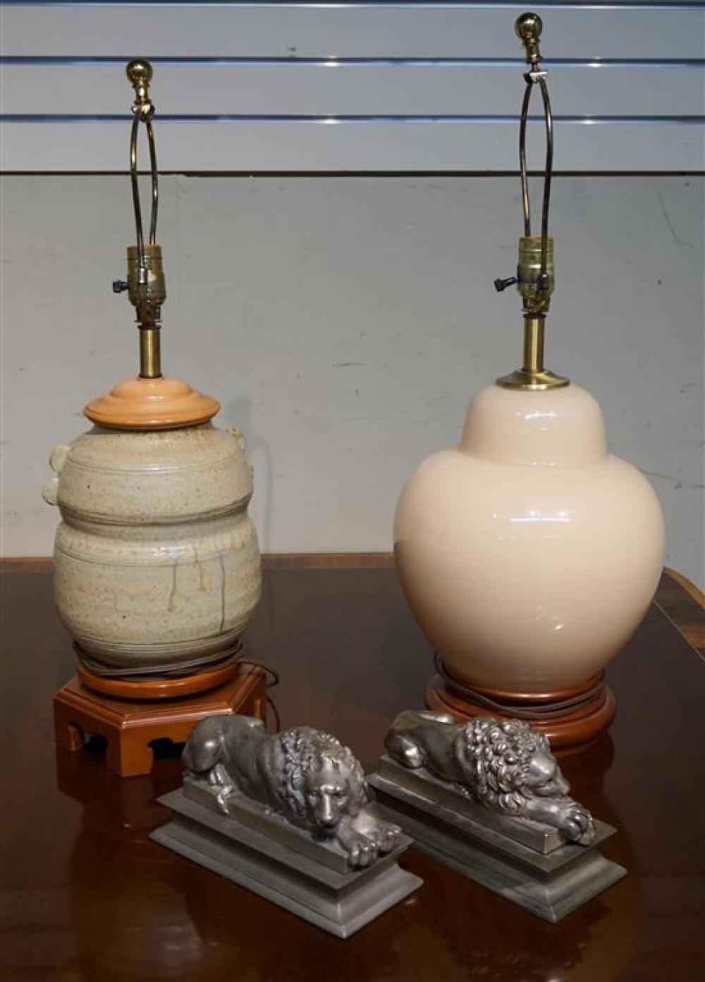 TWO TABLE LAMPS AND A PAIR OF SILVERED