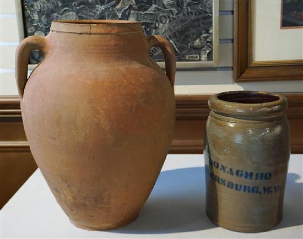CLAY TWO-HANDLE JUG AND GLAZED STONEWARE