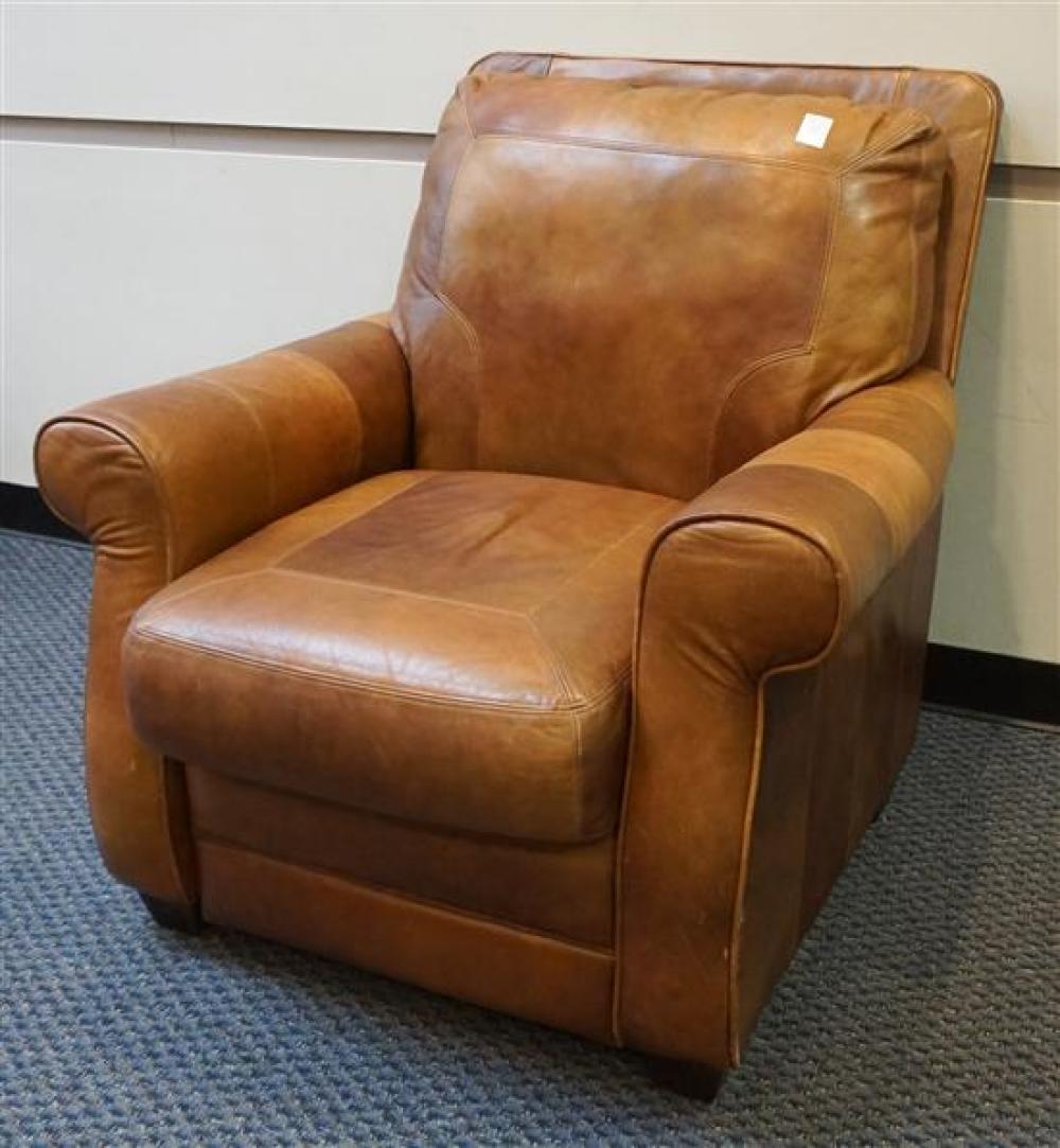 LANE TAN LEATHER RECLINER, PUNCTURE