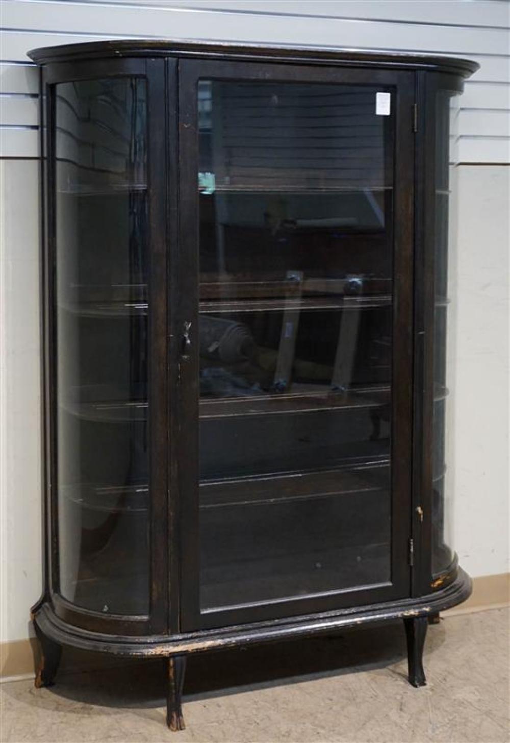 STAINED OAK BOW FRONT CURIO CABINET,