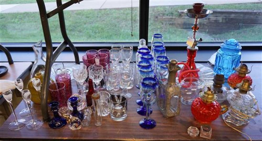 GROUP OF BAR GLASSWARE, OIL LAMPS