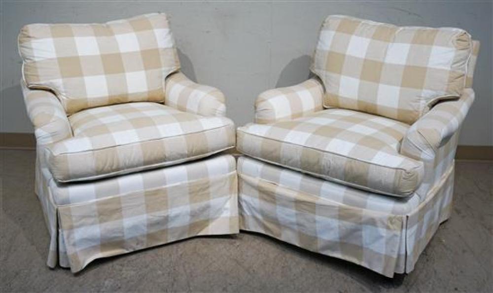 PAIR TAN PLAID UPHOLSTERED LOUNGE