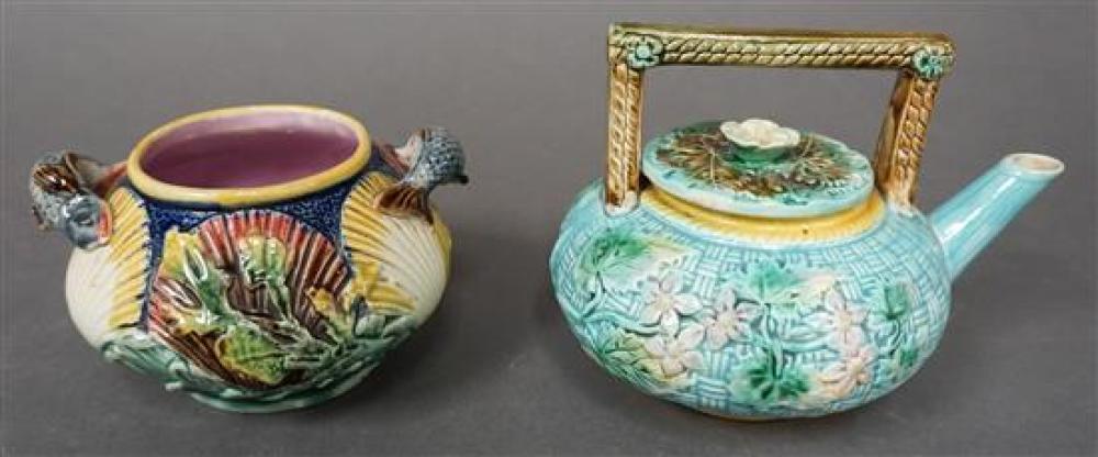 MAJOLICA TEAPOT AND OPEN BOWL,