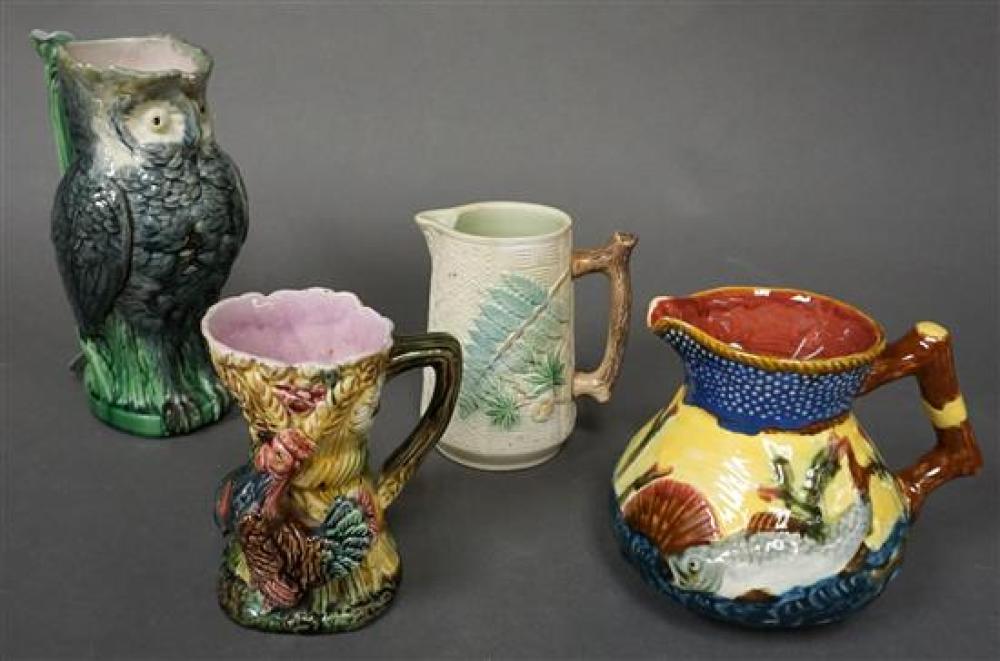 FOUR ASSORTED MAJOLICA PITCHERS  3217d8