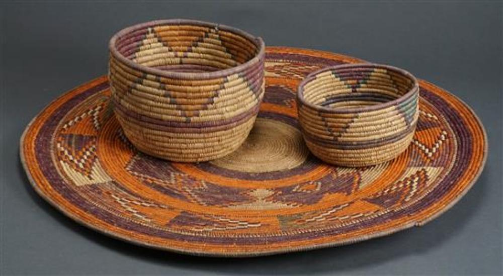 TWO AFRICAN COIL BASKETS AND ROUND