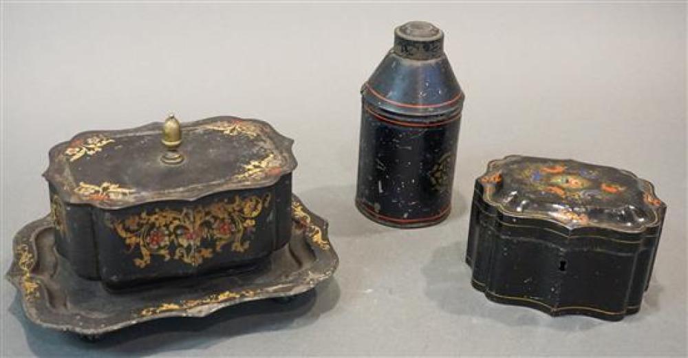 TWO TOLE DECORATED BOXES AND A TEA CADDYTwo