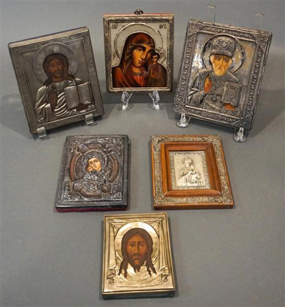 FIVE PRINTED RUSSIAN ICONS WITH