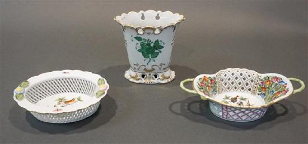 TWO HEREND PORCELAIN BASKETS AND A VASETwo