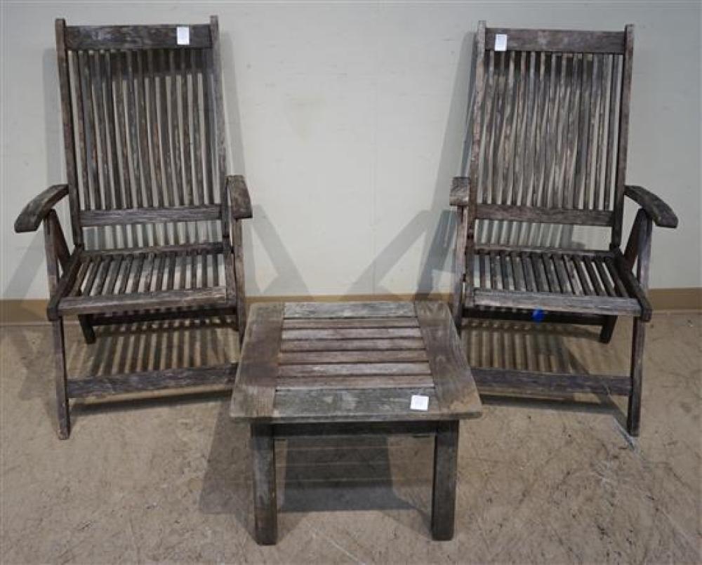 PAIR TEAK FOLDING CHAIRS AND SIDE 321b0a