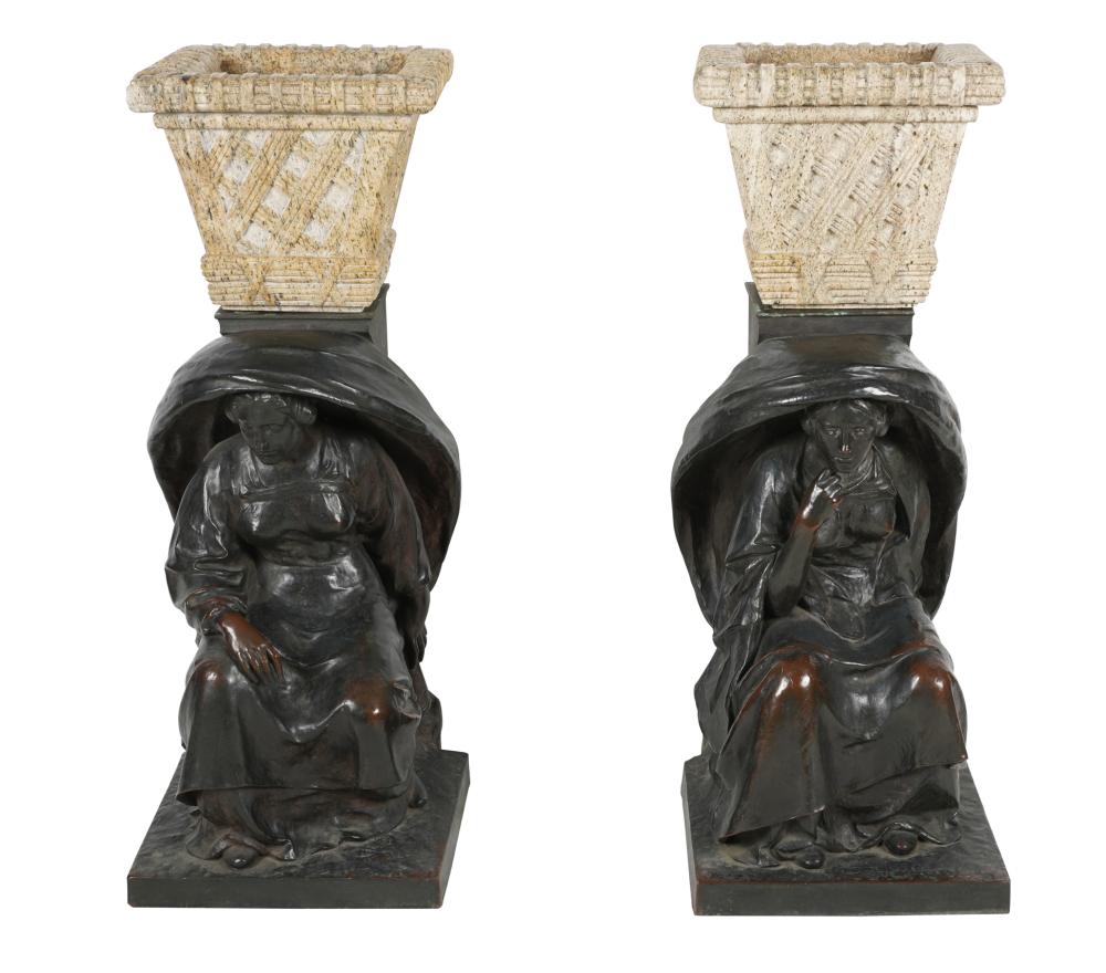 PAIR OF MARBLE PLANTERS ON FIGURAL