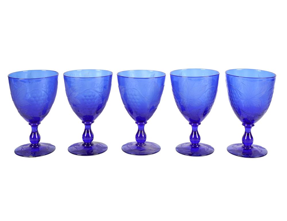 SET OF 12 ETCHED COBALT GLASS WATER