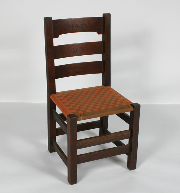 Mission-style oak side chair; woven