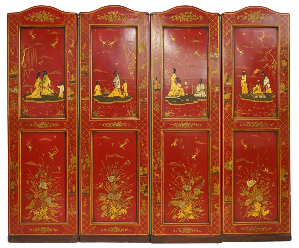 CHINESE RED GILT LACQUERED FOUR PANEL 32444c