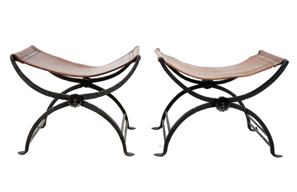 PAIR OF LEATHER & IRON CURULE STOOLSCondition:
