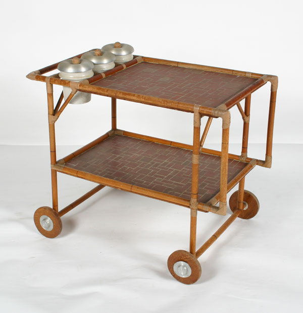 Russel Wright wrapped rattan tea cart;