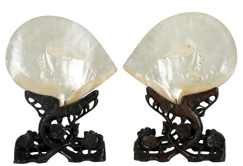PAIR OF CHINESE CARVED WOOD & SHELL