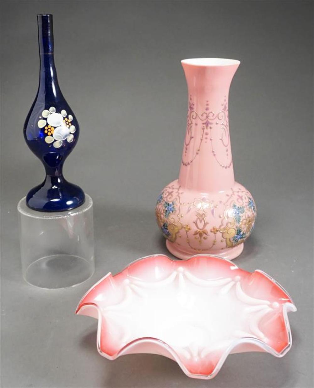 TWO ENAMEL DECORATED GLASS VASES